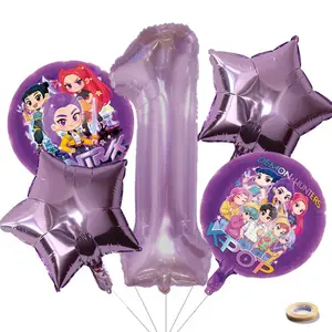 Children’s Birthday Balloon Set for Ages 1–9 – K‑Pop, Kids’ Animation/Cartoon, Purple Aluminum Foil Balloons, Party Decoration Combo