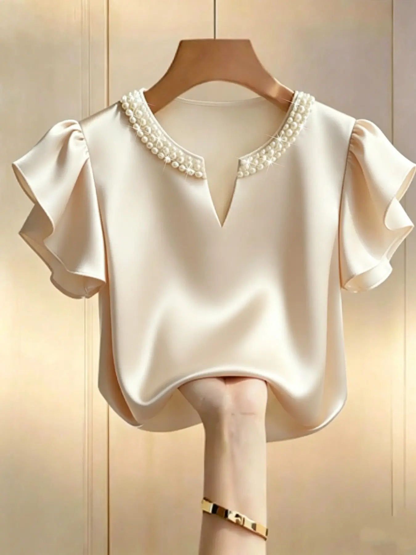 New Summer Lady Elegant Pearl V Neck Ruffle Sleeve Satin Short Sleeve Shirt, Pearl Collar Elegant Commute Date Shirt
