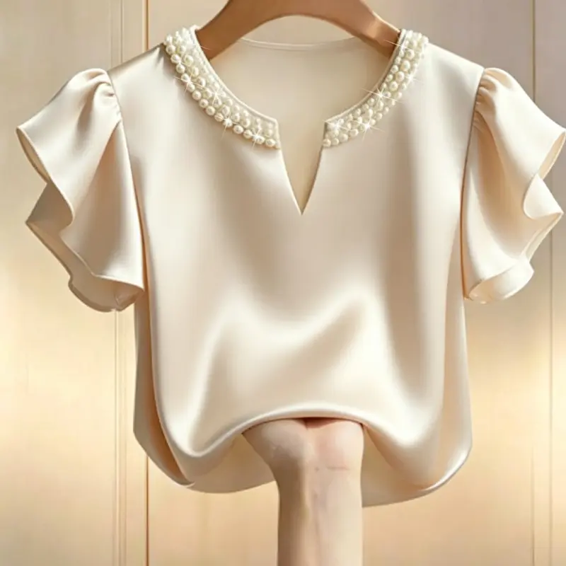 New Summer Lady Elegant Pearl V-Neck Ruffle Short Sleeve Satin Loose Blouse Top, Pearl Collar Commute Date Shirt