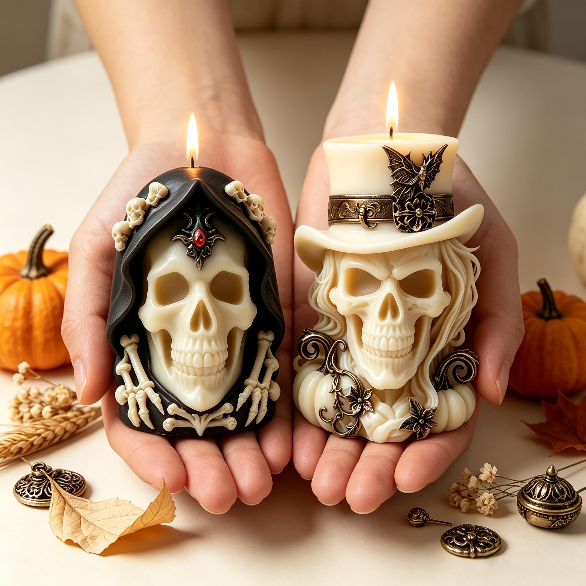 2Pcs Halloween Gothic Skull Silicone Mold Set - Top Hat Bat Pumpkin & Hooded Skeleton for DIY Candle Making Supply, Epoxy Resin Casting, Soap Plaster Craft