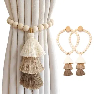 Handmade Magnetic Wooden Bead Curtain Tiebacks 2 PCS Simple Elegant Magnetic Tassel Curtain Tie Backs Accessories Wall Decoration Drapery Tiebacks for Bedroom Window Treatment