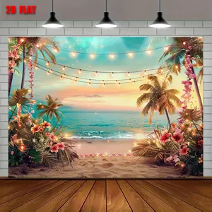 Hawaiian Party Background Banner, Tropical Floral Palm Beach Landscape, Polyester Material, Indoor Outdoor Celebration Photo Prop