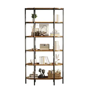 6 Tier Tall Industrial Bookshelf, Oval Vintage Bookcase with Wood and Metal Frame, Freestanding Storage Display Shelf with Adjustable Feet and Anti Tip Kit for Home Office Living Room Bedroom Bathroom Balcony