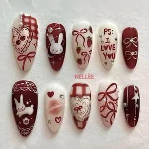 NELLÉE Red Bunny Almond Press-On Nails - Salon-Style Acrylic, Ready-to-Wear, Manicure Tools Included