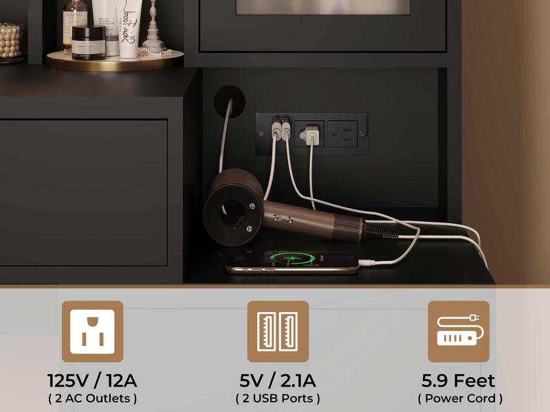 Sikaic Large Makeup Vanity with Nightstand Mirror and Lights & Charging Station 5 Drawers and Storage Shelves