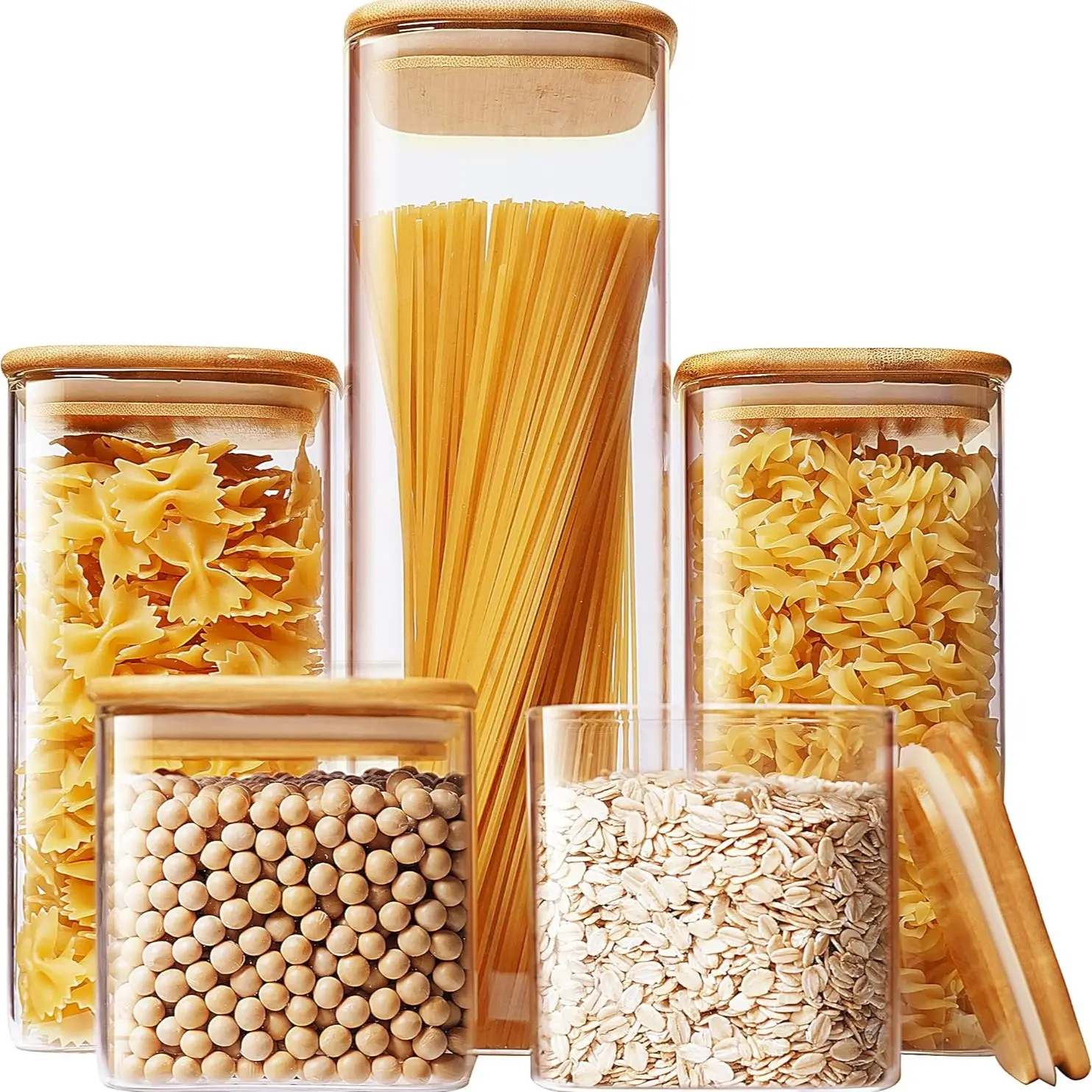 Square Kitchen Food Glass Jars, Large Capacity Storage Containers, Bamboo Wood Lid, Set of 2/3/4pcs, Ideal for Spices, Grains, Pasta, Coffee, Sugar, Seasoning Jars Containers