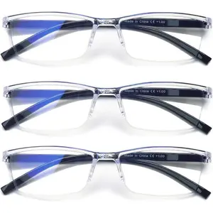 3-Pack Men’s Half-Rim Blue Light Blocking Reading Glasses – Spring Hinge Anti Eye Strain Business Style, Perfect Year-Round Gift for Dad & Grandpa