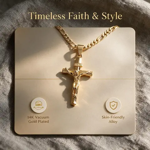 Unisex Gold-Tone Cuban-Style Alloy Cross Pendant Necklace - 51cm (20.1in), 3D Depth Carved Jesus Crucifix, 3D Symbol of Faith, Men's Jewelry, Meaningful Christmas Gift for Believers