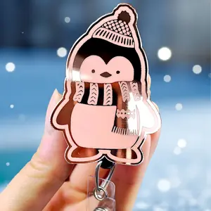 Penguin Badge Reel with Swivel Clip for Christmas - Engraved Acrylic Topper - Retractable - Cute Winter Badge Reel, Radiology, Xray tech badge