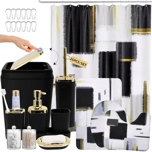 Bathroom Accessories Set - 25PC Bathroom Set with Shower Curtain and Rugs, Black Bathroom Set with Press-on Lid Trash Can, Soap Dispenser and Qtip Holders