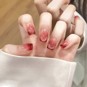 10pcs Ruby Cat Eye Nail Art, Short Square Design, Blood Crystal Stones, Dye Effect, Wearable Manicure Set