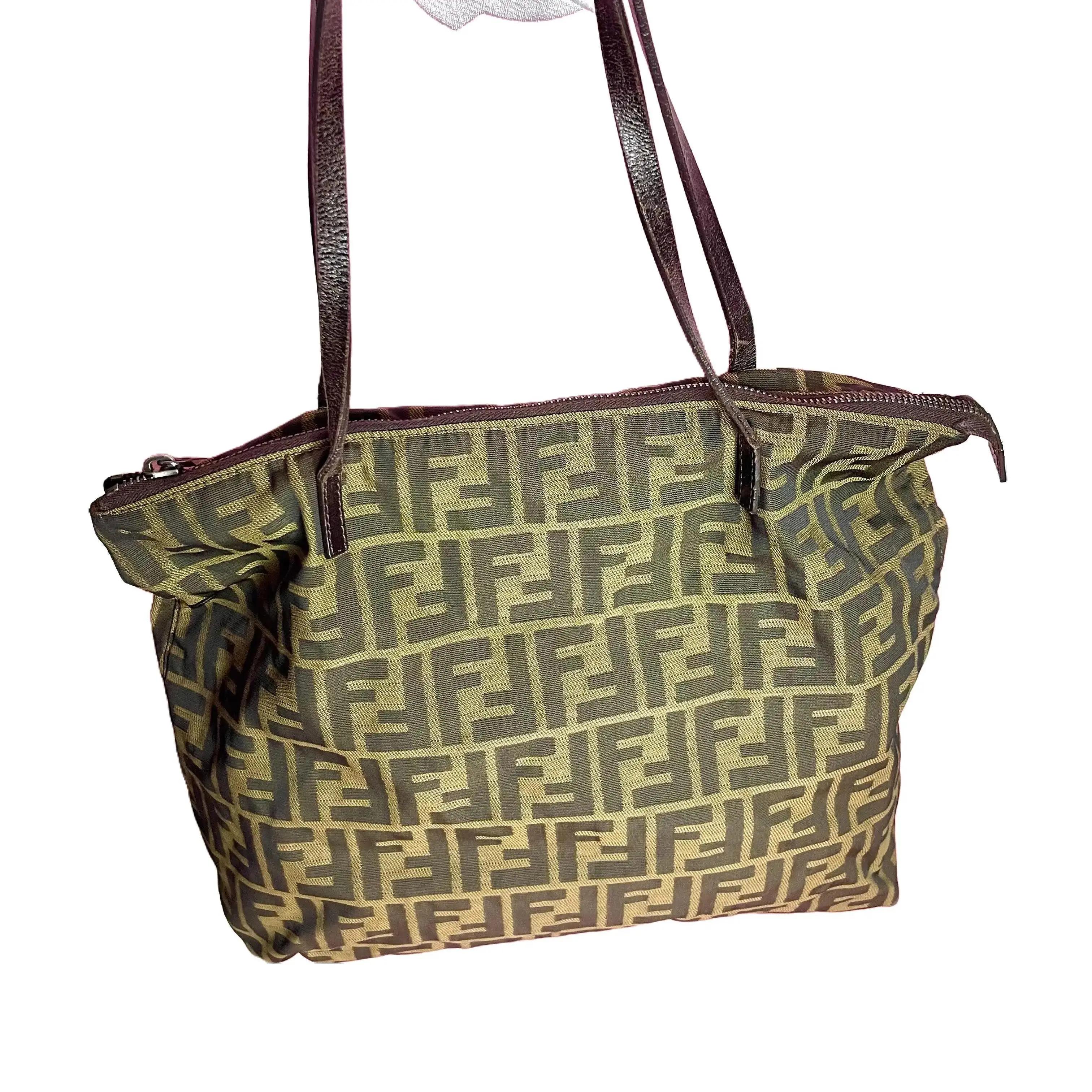 Pre-owned FENDI canvas Shoulder Bags Zucca Shoulder Tote Bag Leather Brown L0912