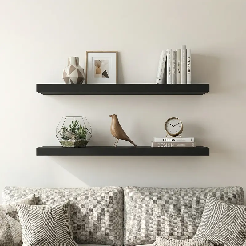 Spaco 35.4" Maple Black Floating Wall Shelves - Modern Wood Storage for Bathroom, Bedroom, Kitchen & Living Room (Invisible Brackets, Decorative & Functional for Books & Organization)