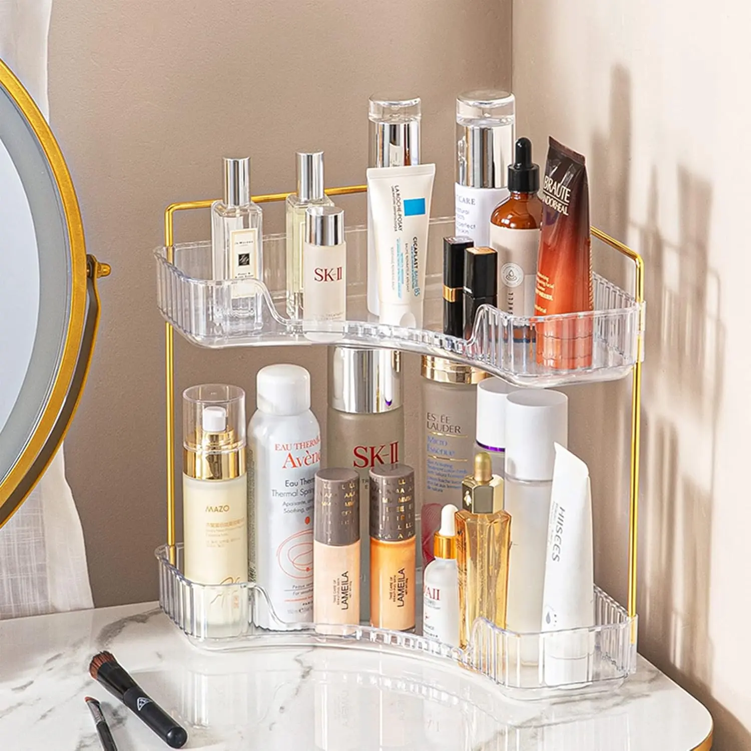 TikTok Made Me Buy It! 2-Tier Aesthetic Perfume Tray Corner Organizer, Clear PET Makeup Skincare Vanity Storage Rack with Gold Stand, Viral Bathroom Counter Sink Cubby Shelf, Room Decor Essentials