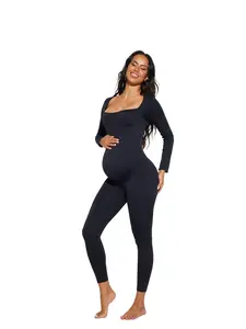 Maternity Seamless Long Sleeve Jumpsuit, Scoop Neck Full Coverage Bodysuit, Belly Support Activewear for Pregnancy, Yoga, Workout, Maternity Clothing, Pregnancy Clothes