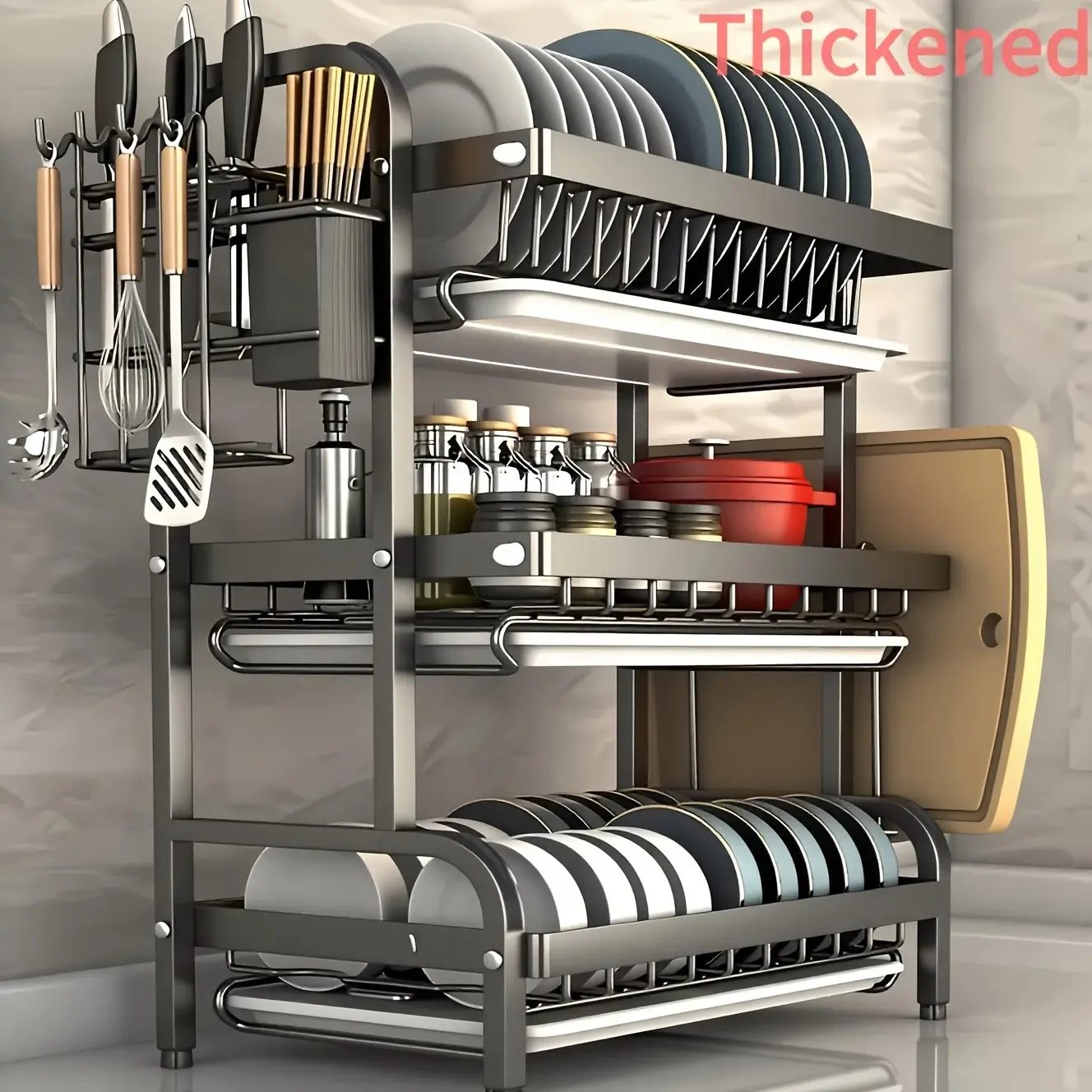 2-Tier Dish Drying Center with Drainboard - All-in-One Steel Rack for Plates, Cups & Utensils. Space-Saving & Rust-Resistant