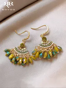 Bohemian Elegant Crystal Dangle Drop Earrings, Geometric Fan Design Copper Alloy Studs for Women, Perfect for Parties Weddings Events, Handmade Earrings