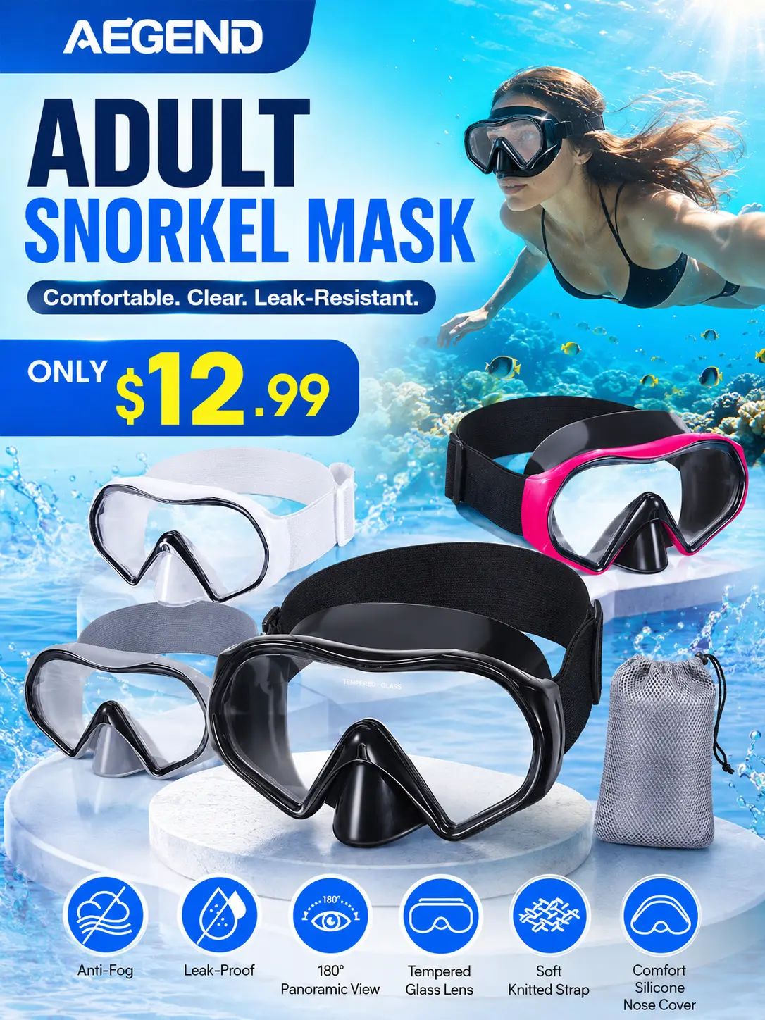 Aegend Adult Anti-Fog Swim Diving Mask with Nose Cover - Tempered Glass Lenses, Panoramic View, No Leak, Knitted Adjustable Strap, Underwater Gear for Diving, Snorkeling, Water Sports, Swim Diving Masks