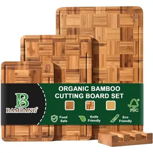 Bamboo Cutting Board for with Juice, End-Grain Block, Checkered Wooden Cutting Boards Set of 3 with Stand, Knife-Friendly, Serving Tray