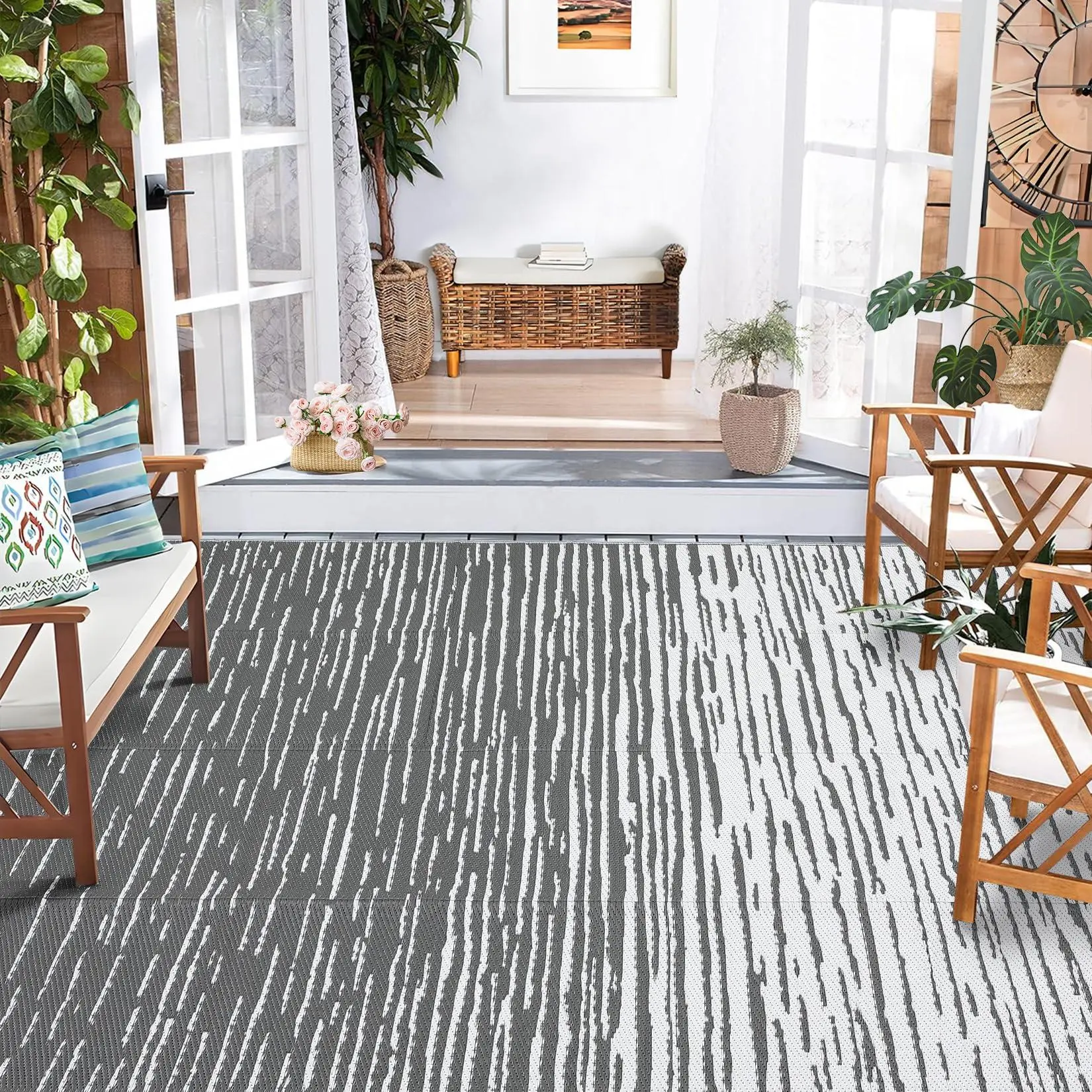 Gaomon Non-Customised 5x8in Grey Outdoor Abstract Striped Rug - Polypropylene Plastic Straw Material, Waterproof, UV-Resistant, Foldable, Reversible, Ripple Effect Modern Carpet for RV, Backyard