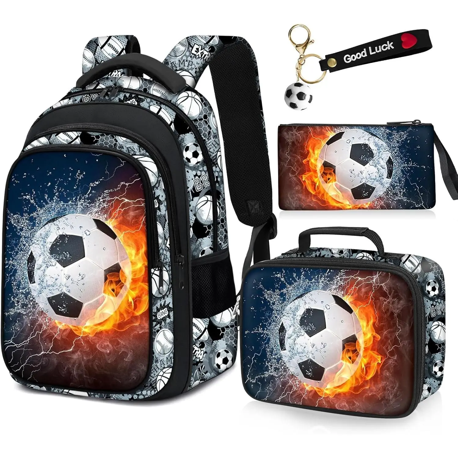 4-Piece Soccer Backpack Set for Boys, 17-Inch Sports School Bookbag with Lunch Box and Pencil Case for Elementary Kids Travel, Football Backpack, Sports Backpack