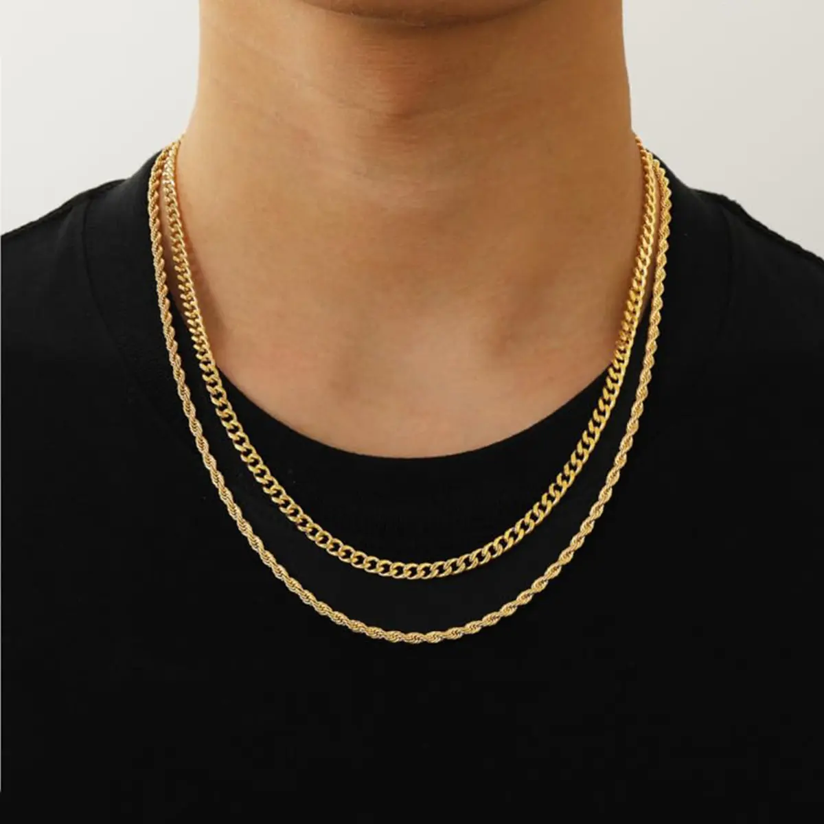 14K Gold Necklace Set for Men, Cuban Link & Rope Chain Layered Statement Necklaces, 2-Piece Stackable Jewelry, Gift for Him