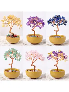 1 Piece Natural Crystal Pebble Treasure Pot Tea Cup Base Crystal Tree Citrine Money Tree Home Ornament Craft Artificial Wealth Tree