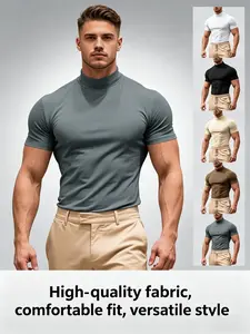 Men's Half High Neck Tight Fit Short Sleeve, Breathable Ice Silk Fabric, Summer Top, Slimming, Versatile for Fitness, Commute, Daily Wear