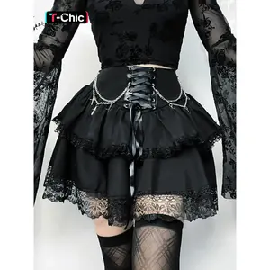 Women’s lace skirt with cross and chain decor, gothic corset-style lace-up ruffle trim skirt for parties, holidays, and vacations; ladies’ bottoms suitable for all seasons