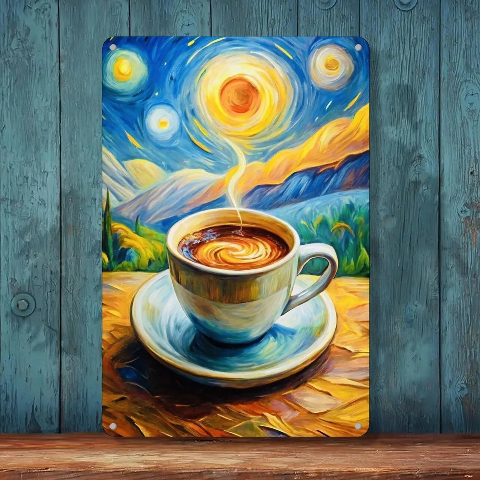Starry Night Coffee Van Gogh Art Retro Tin Sign 8x12in Cafe Wall Decor Metal Tin Sign