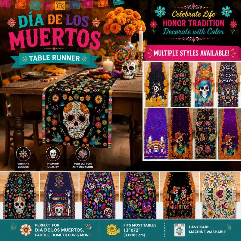 Dia de los Muertos Table Runner, Mexican Sugar Skull Marigold Floral Tablecloth, Colorful Day of the Dead Dining Table Decor, Halloween Fiesta Party Decoration for Kitchen Home Outdoor
