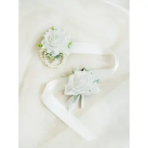 Real Touch White Rose Pearl Bracelet Wrist Corsage Gift for Her Bridesmaid, Prom Gift, Princess Wedding Bridal Accessories Gift, Boutonniere