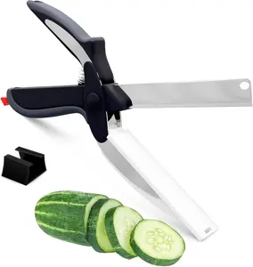 Multifunction 2-in-1 Food Cutting Scissors with Built-In Cutting Board, Sharp Stainless Steel Blades, Ergonomic Grip, Safety Lock, Dishwasher Safe - Kitchen Prep Tool for Veggies, Meat; Outdoor Accessory