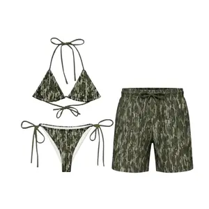 Matching Couple Swimwear Set - Leopard Green Camo Print Bikini for Women & Swim Trunks for Men, Tropical Beach Vacation Outfits