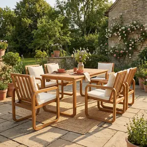 7 Pieces Patio Dining Set Outdoor Dining Table and Chairs Stylish Outdoor Furniture Set with Removable Cushions for Patio, Backyard, Garden, Natural Wood+Beige Cushion