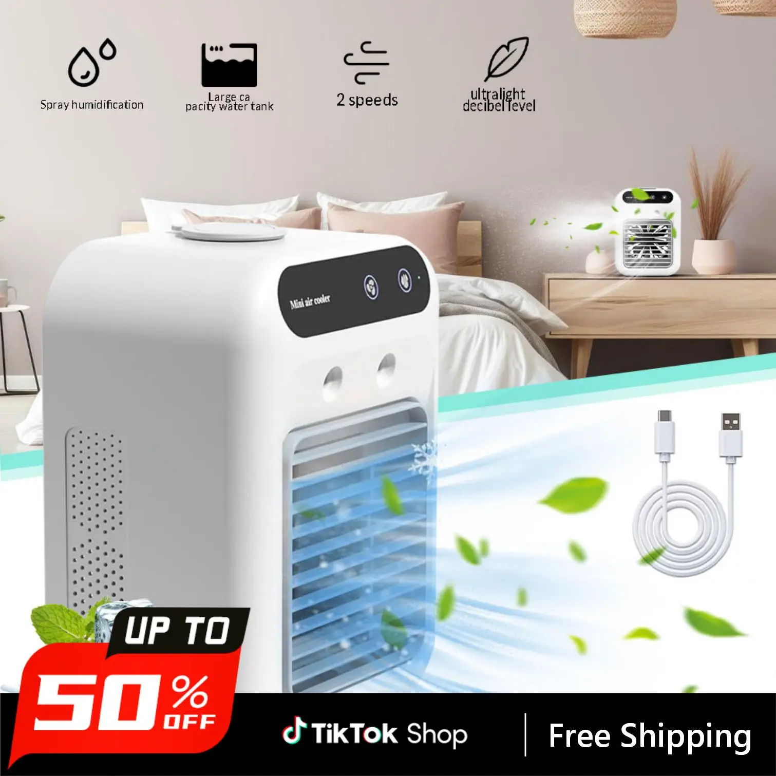 Portable Air Conditioner 3-in-1 – 2-Speed Mist Fan, 1800mAh Battery | Mini Air Cooler for All Scenes – Instant Cooling, Quiet & Portable