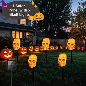 5-piece set of Halloween LED outdoor solar ground stake lights, skull and ghost face lights, IP44 waterproof, Halloween outdoor courtyard, garden, lawn, and holiday decoration lights, suitable for Halloween festive atmosphere landscape decoration lights