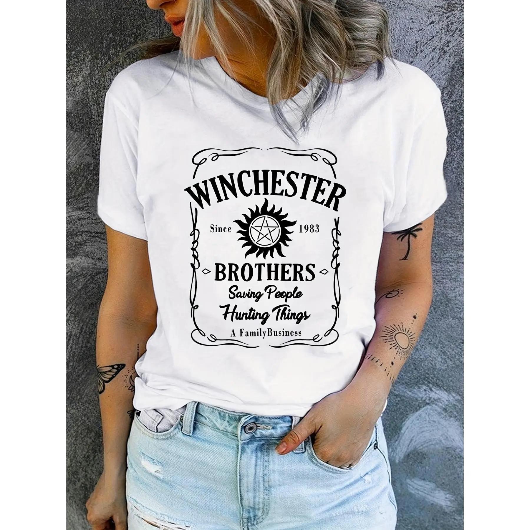 Unisex Winchester Brothers Graphic Tshirt, Soft 100% Cotton Classic Fit Printed Top for Casual Streetwear, Shortsleeve, Fabric, Fitted, All Seasons