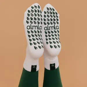 Earth Embroidered Grip Socks for Women - White with Green Leaf Grips - Taurus Virgo Capricorn Element