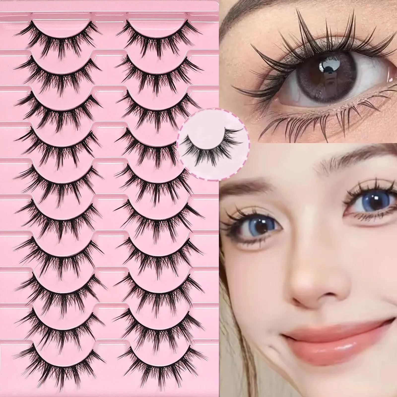 10 Pairs Manga Lashes Natural Look 3D Spiky Spike Lashes Anime False Eyelashes Synthetic Soft Lightweight Reusable Cosmetic Lashes for Daily Cosplay Makeup