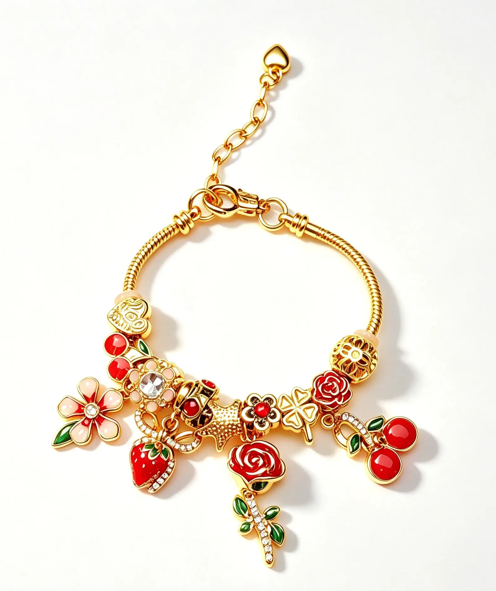 Sweet Garden Charm Bracelet - Gold Plated with Enamel Rose, Strawberry & Cherry Pendants