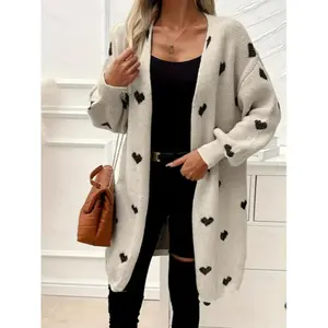 Elegant Knit Cardigan with Heart Pattern, Buttonless Hoodie Jacket, Mid-Length Layering Top, Suitable for Fall & Winter, Women's Fashion