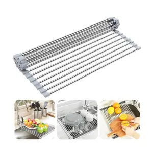 Dish Drying Rack Roll Up Sink Drying Rack, Adjustable Over The Sink Dish Rack Multi-Use Stainless Steel Dish Drainers Heat Resistant Mat for Drying Draining Trivet (17.7"x13.8")