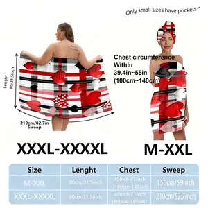Women's Bath Towel Head Wrap Set, White with Red Black Gray Stripes & Heart Checkered Pattern, Adjustable Plus Size (M-XXXXL) for Spa Home Bathroom, Valentine's Day Gift, Soft Absorbent Towel Set