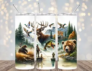 20 OZ FISHING /MISC ANIMALS INSULATED SKINNY TUMBLER W/ STRAW HOT AND COLD TUMBLERS