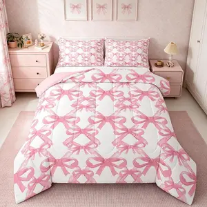 Watercolor Pink Bow Bedding Set for Kids Boys Girls Bow Pattern Comforter Set Ultra Soft Dreamy Princess Style Comforter Cute Bowknot Duvet Quilt Bedroom Decor Bow Quilt