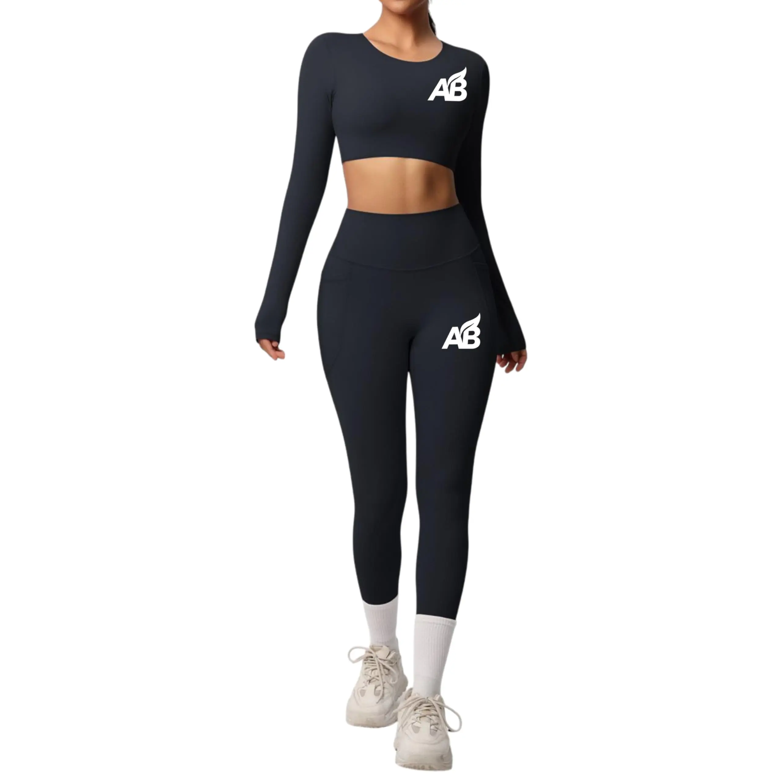Women's 2-Piece Seamless Ribbed Activewear Set - Long Sleeve Crop Top, High-Waist Leggings for Women with Pocket - Yoga, Running Sportswear | Black, Small