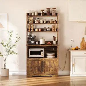 Kitchen Bakers Rack with Power Outlet, 63 Inch Microwave Stand with Cabinet and Storage Shelves, Kitchen Coffee Bar Station with USB Ports and Hutch, Cabinet for Spices Dishes Pots