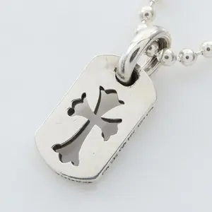 Pre-owned Chrome Hearts Sterling Silver 925 (Ag925) Small Leather Goods Tiny Cutout Cross Dog Tag Silver Necklace