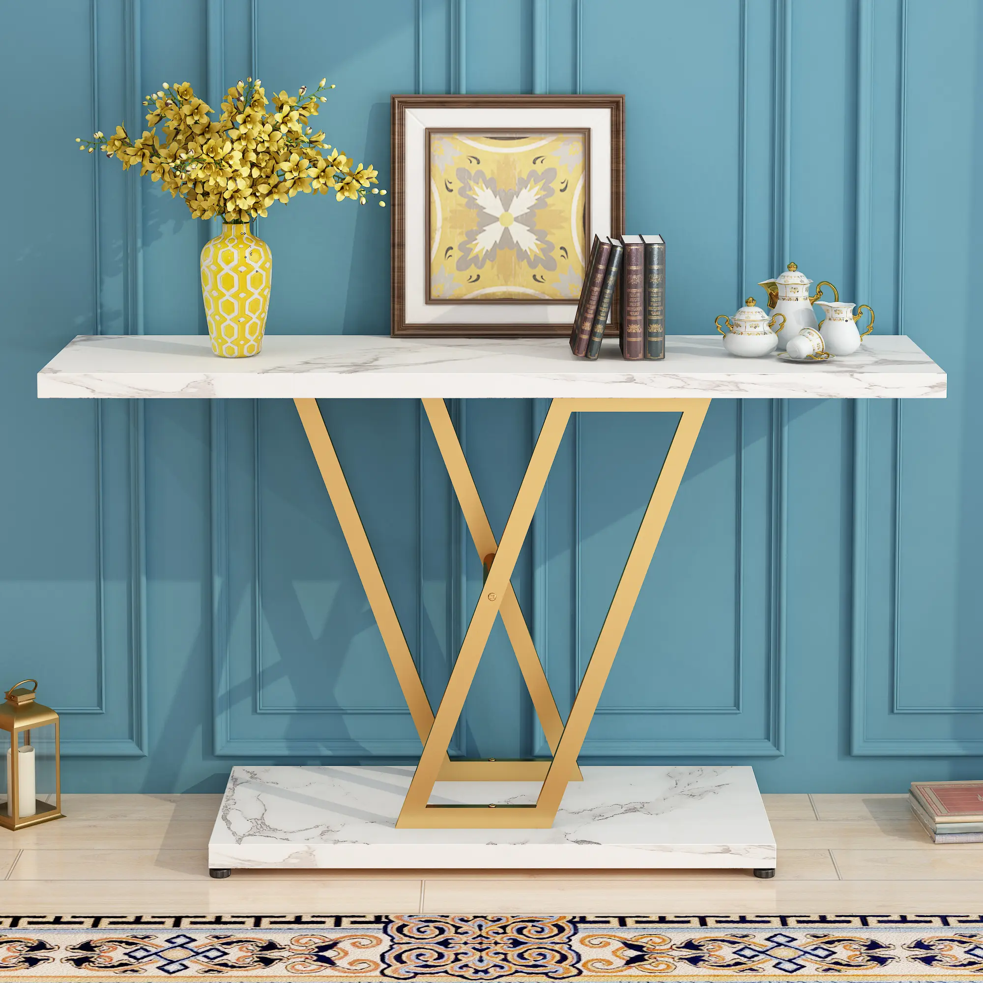 42-Inch Modern White Marble Console Table - Narrow Space Saver Entryway Piece with Gold Geometric Frame, Metal Base, Accent Sofa Table for Living Room, Easy to Assemble